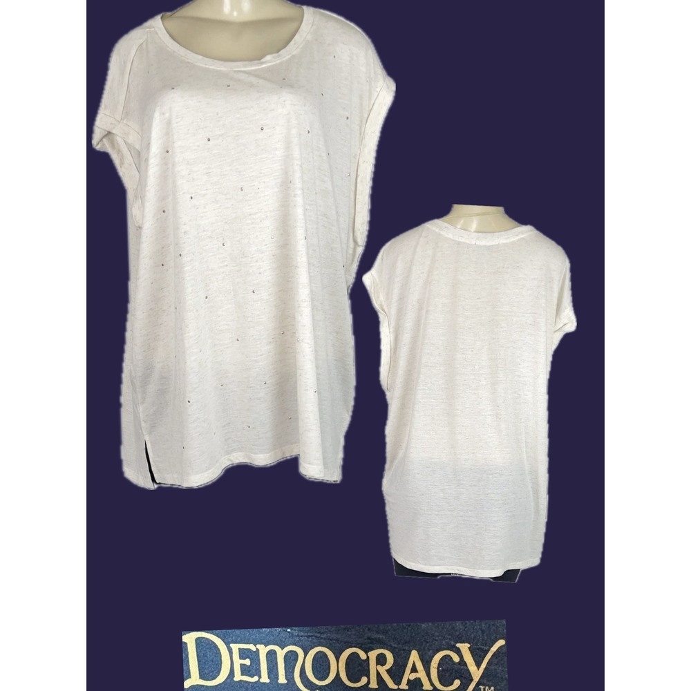 Democracy 2X Cream Beige Heather Linen-Blend Studded Rolled Sleeve Muscle Tee